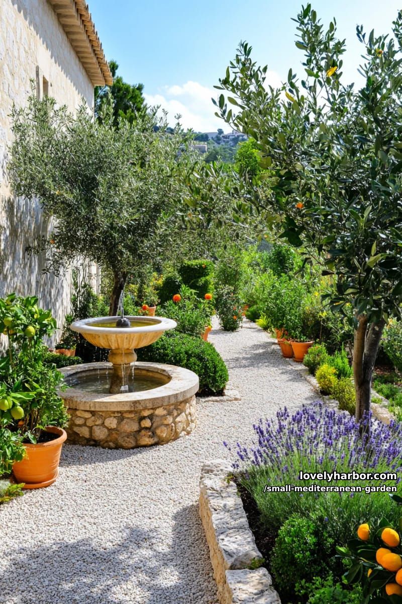 mediterranean garden with olive and citrus trees, lavender, urn fountain, cypress. 1