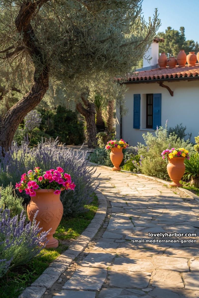 mediterranean garden with stone path, olive trees, terracotta pots, blue shutters. 1