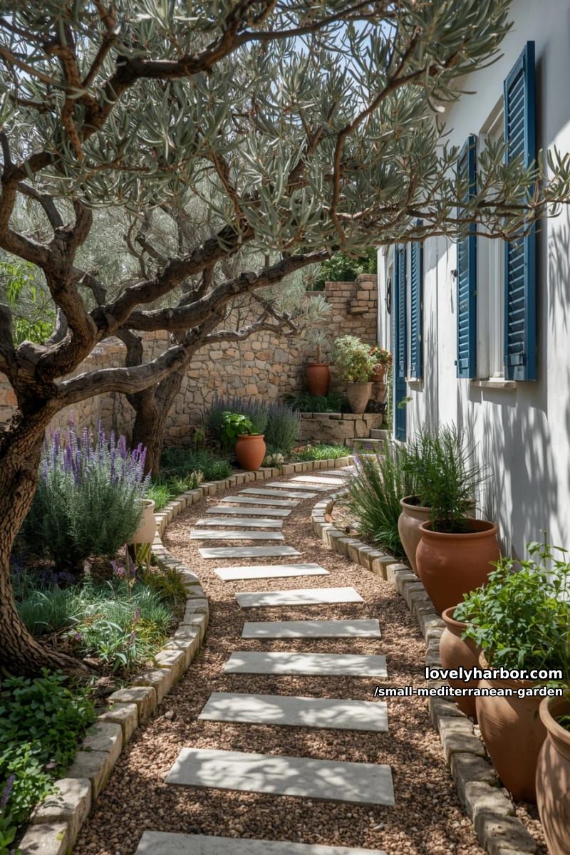 mediterranean garden with stone path, olive trees, terracotta pots, blue shutters. 1