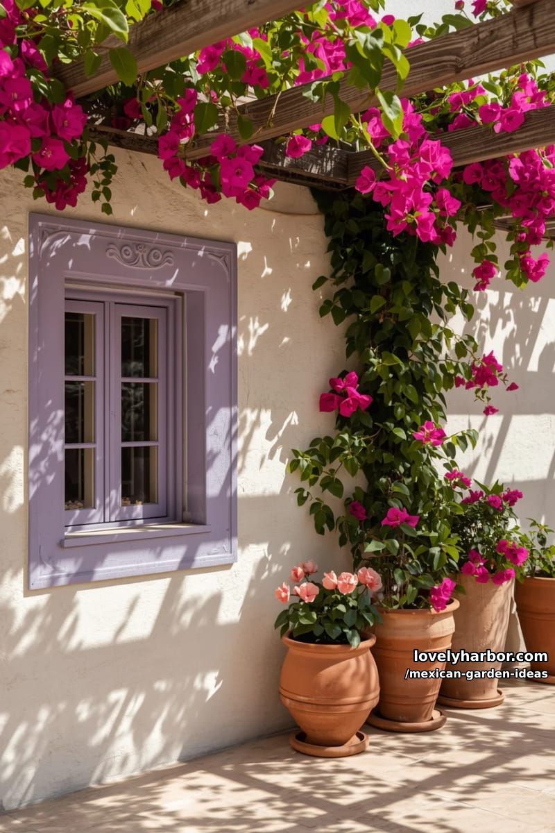 mediterranean patio with lavender window, terracotta pots, and bougainvillea. 1