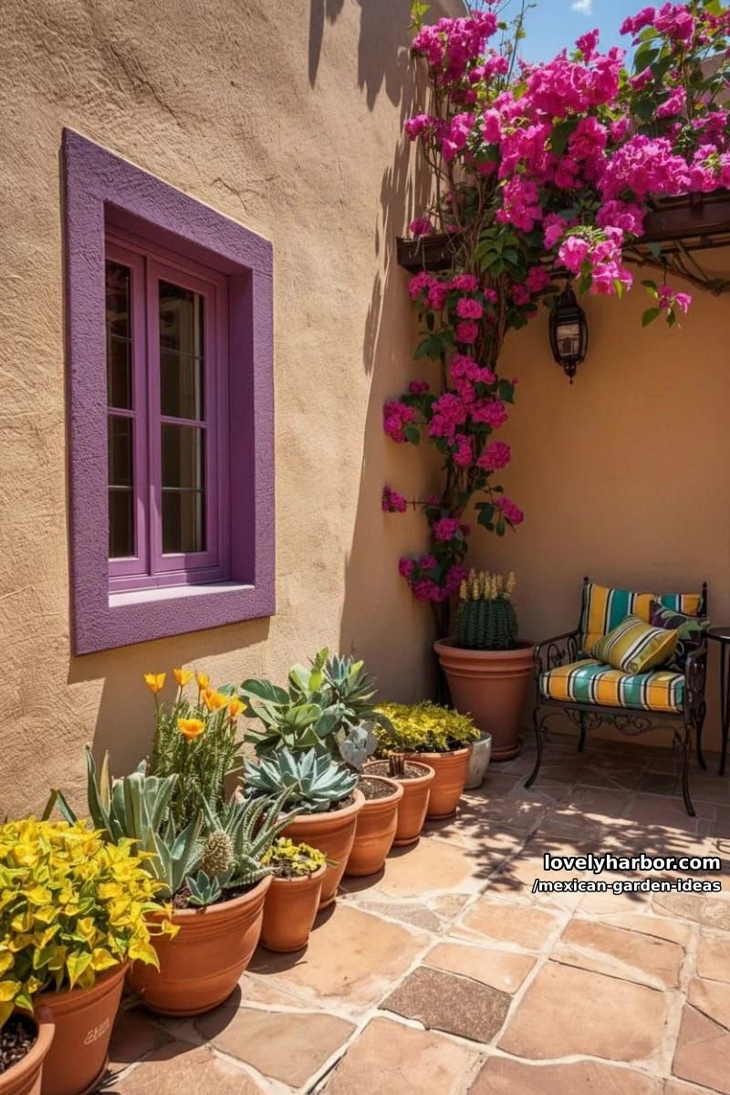 mediterranean patio with lavender window, terracotta pots, and bougainvillea. 1
