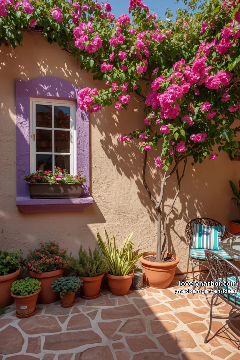 mediterranean patio with lavender window, terracotta pots, and bougainvillea. 1