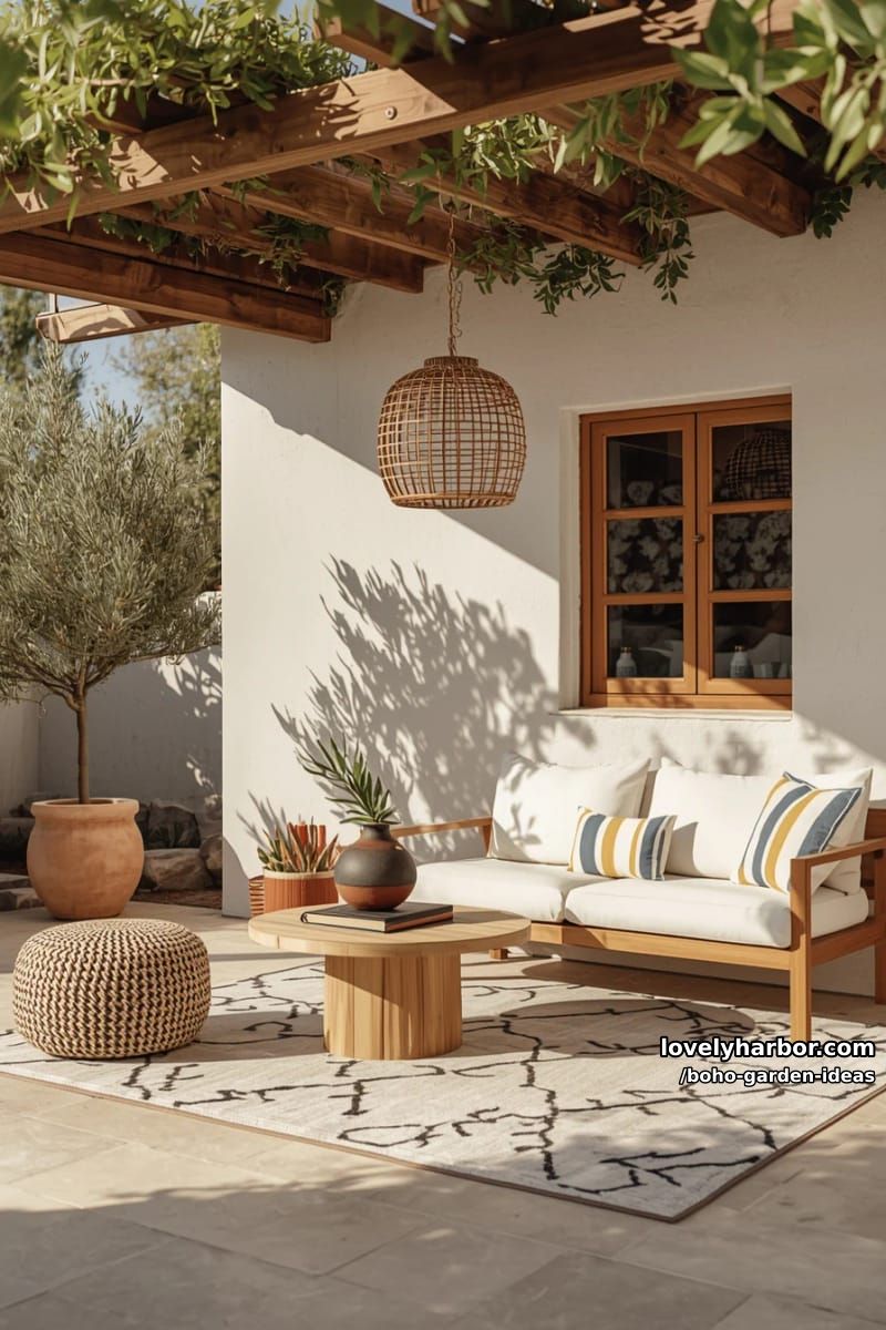 mediterranean patio with stucco wall, pergola, olive tree, and rustic wood furniture. 1