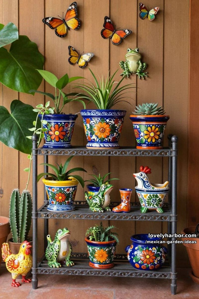 metal shelf with colorful talavera ceramics, animal planters, and lush greenery. 1
