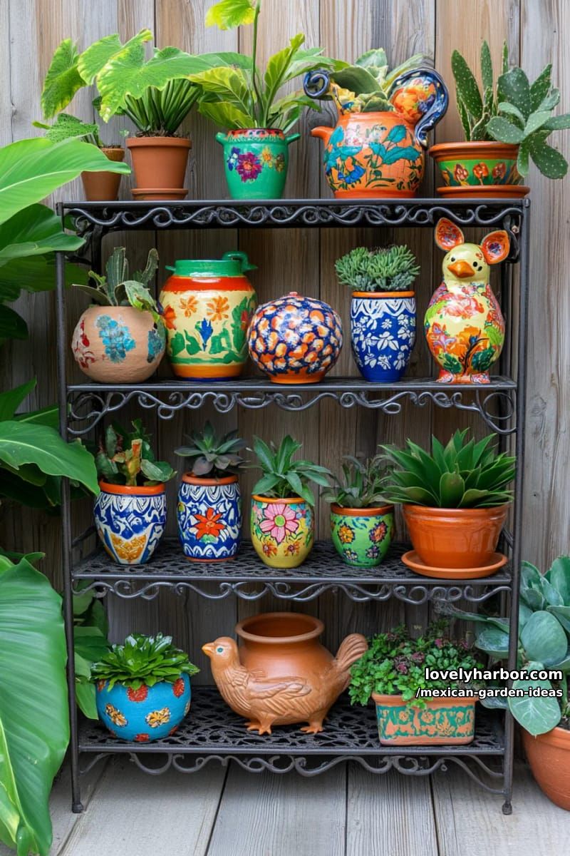 metal shelf with colorful talavera ceramics, animal planters, and lush greenery. 1