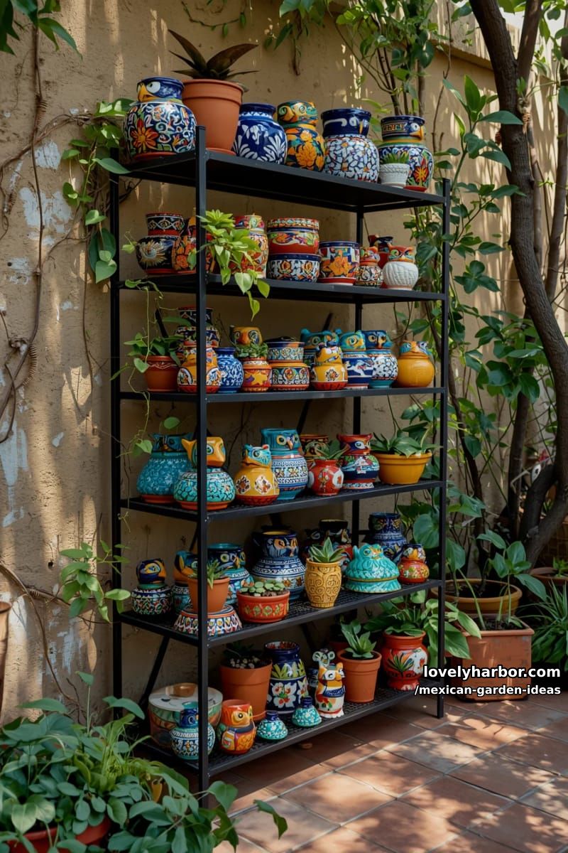 metal shelf with colorful talavera ceramics, animal planters, and lush greenery. 1