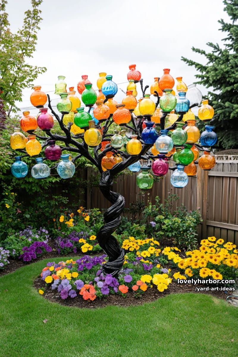 metal tree sculpture topped with colorful glass bottles as leaves. 1
