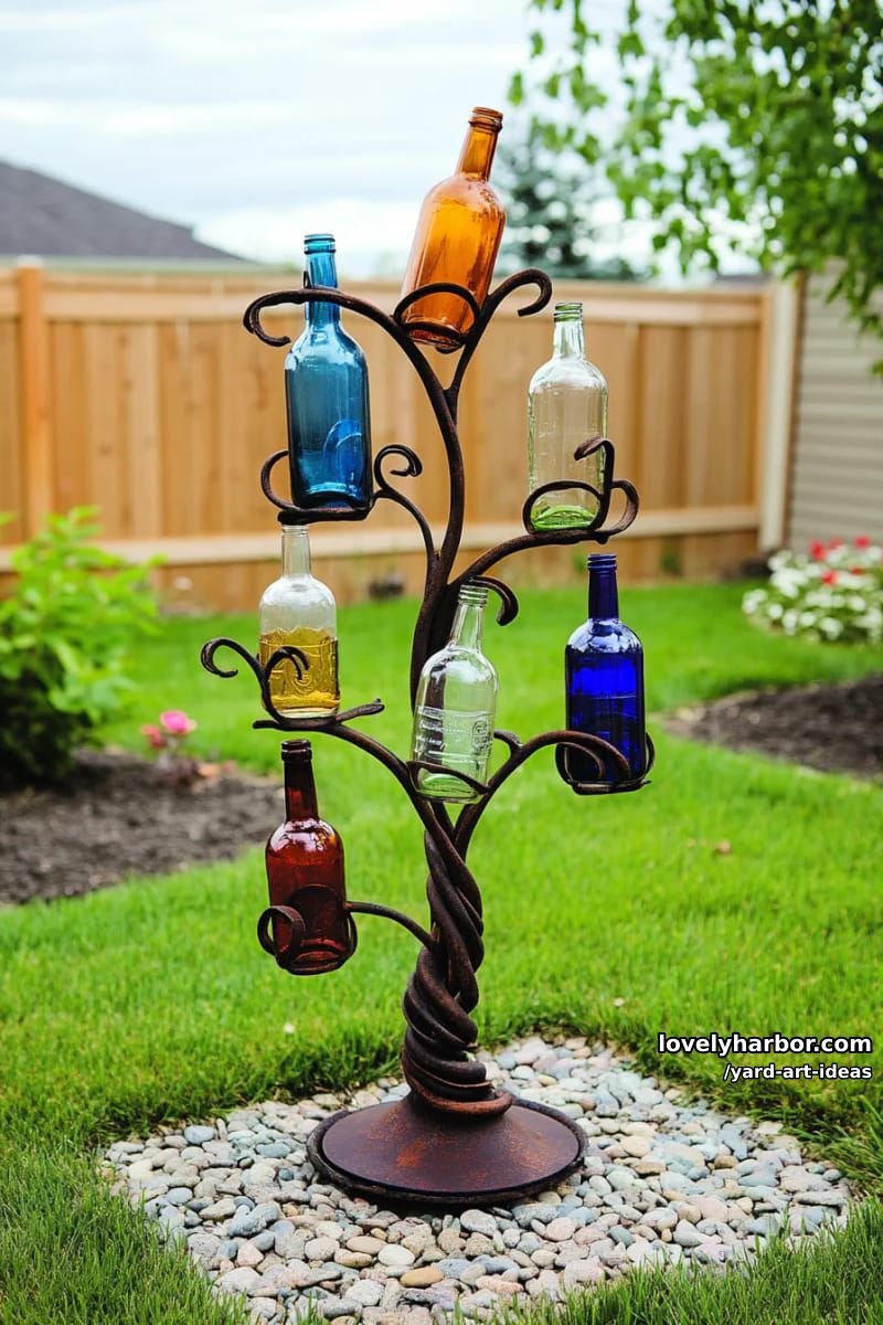metal tree sculpture topped with colorful glass bottles as leaves. 1
