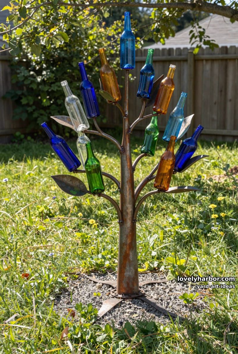 metal tree sculpture topped with colorful glass bottles as leaves. 1