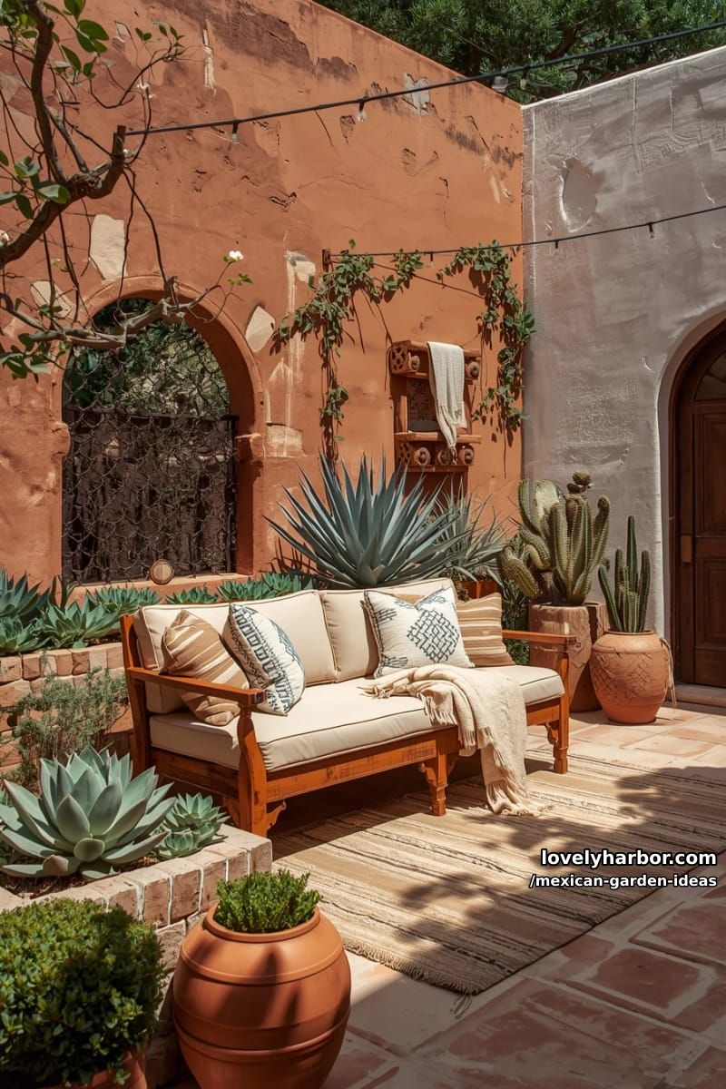 mexican-inspired garden with terracotta walls, rustic benches, and abundant greenery. 1