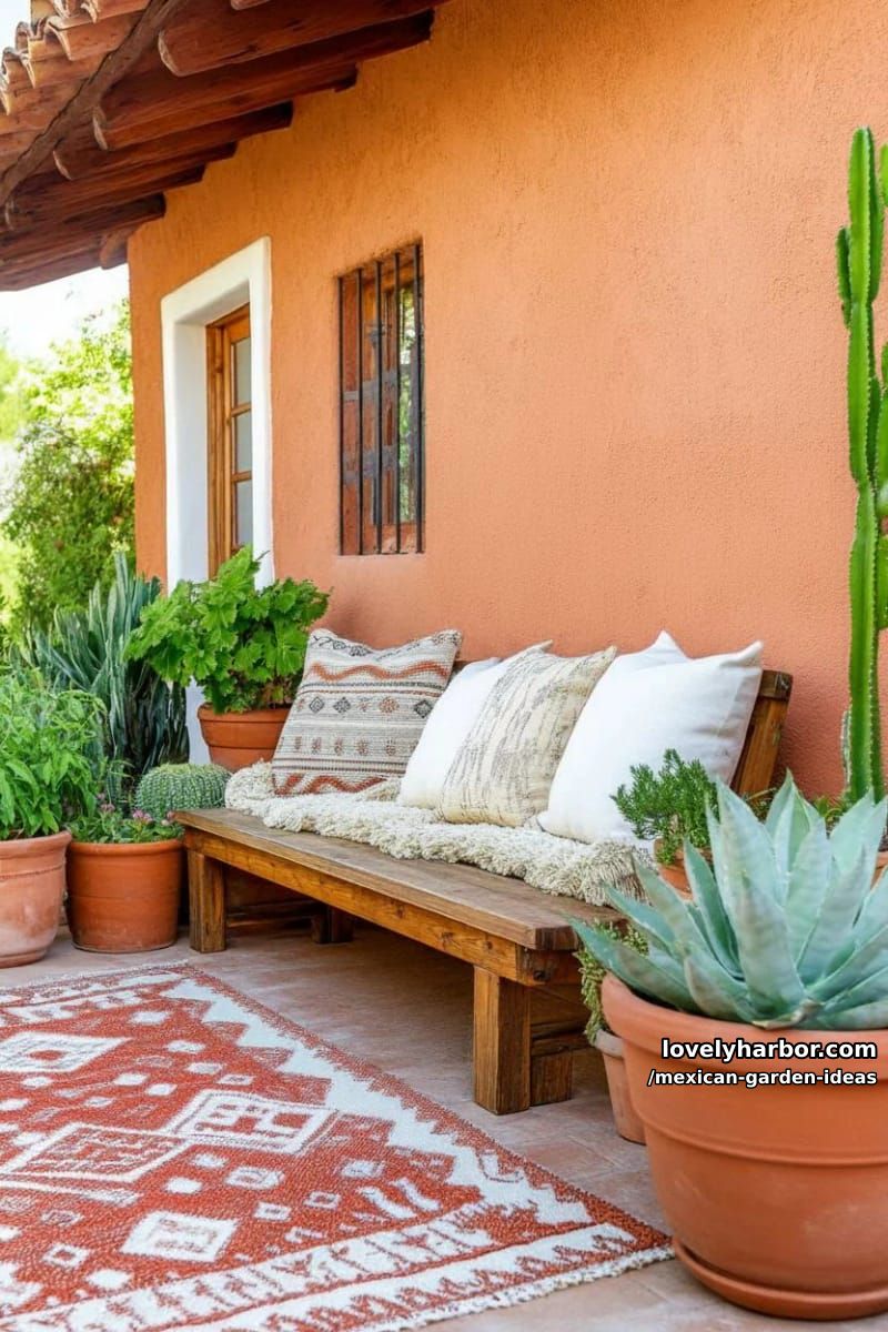 mexican-inspired garden with terracotta walls, rustic benches, and abundant greenery. 1