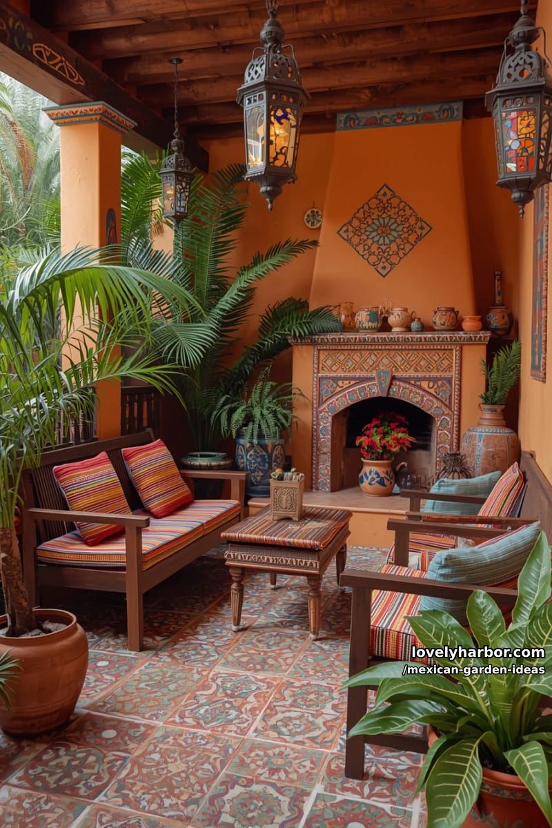 mexican-style patio with patterned tiles, bright pots, fireplace, and greenery. 1