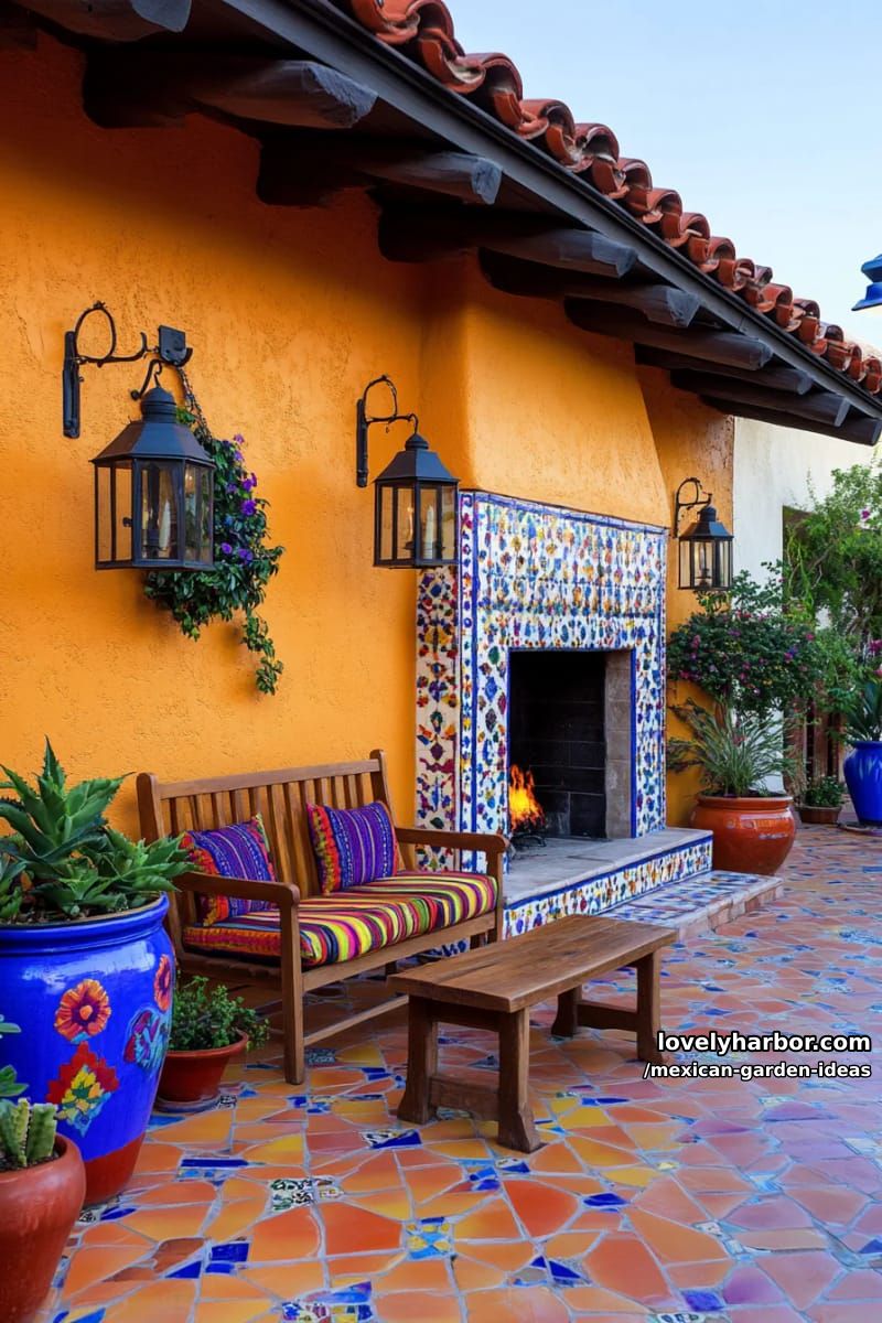mexican-style patio with patterned tiles, bright pots, fireplace, and greenery. 1