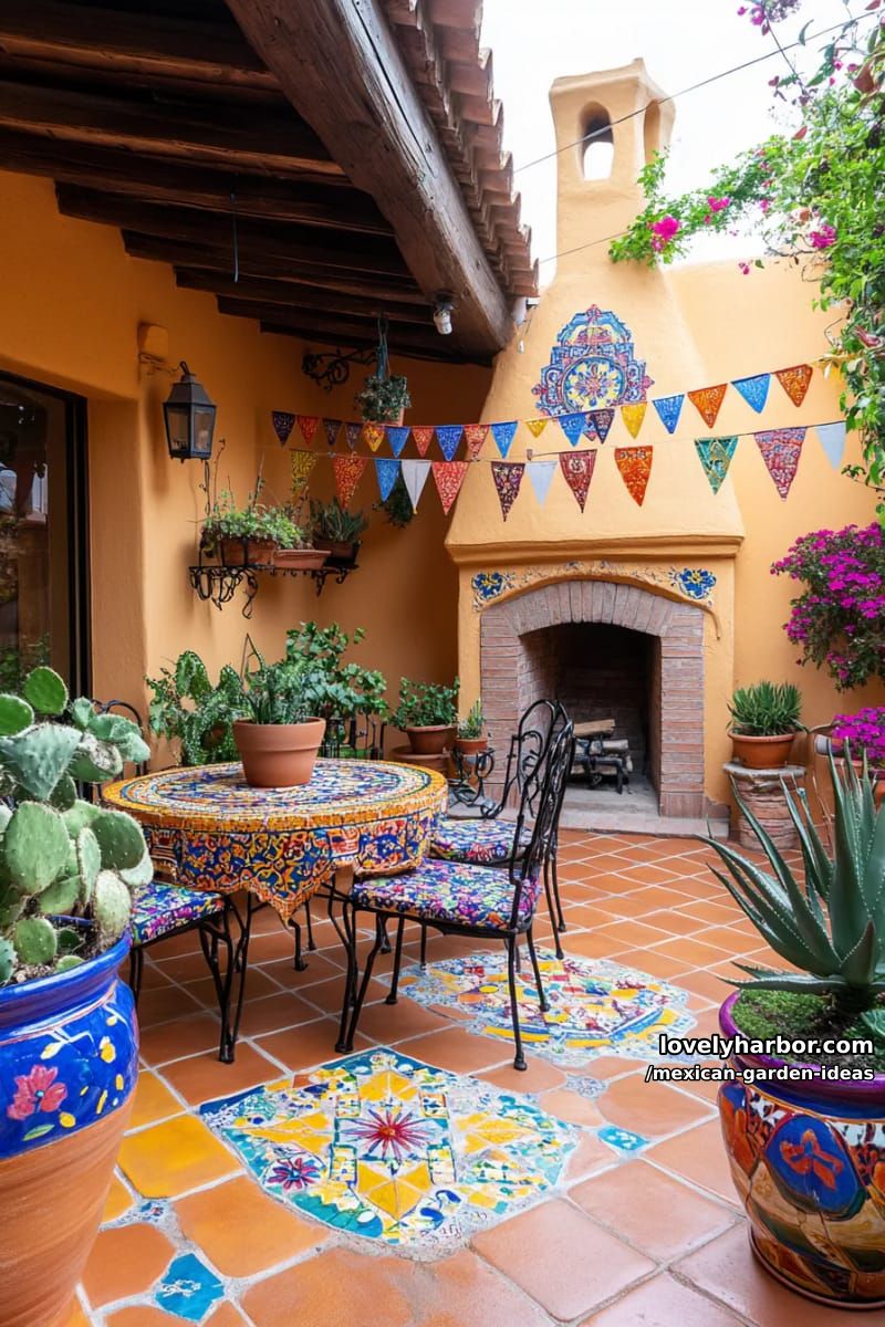 mexican-style patio with patterned tiles, bright pots, fireplace, and greenery. 1