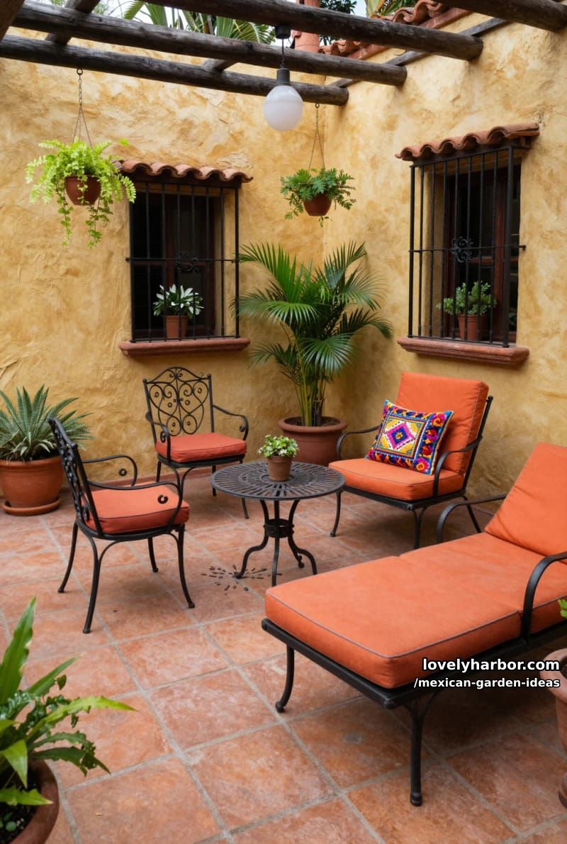 mexican-style patio with terracotta tiles, wrought iron furniture, and lush plants. 1