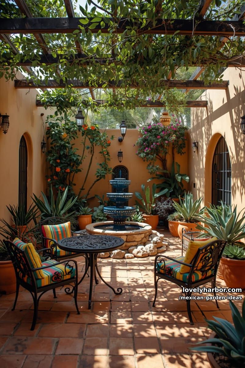 mexican-style patio with terracotta tiles, wrought iron furniture, and lush plants. 1
