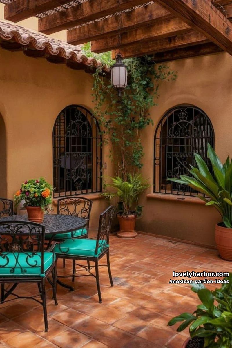 mexican-style patio with terracotta tiles, wrought iron furniture, and lush plants. 1