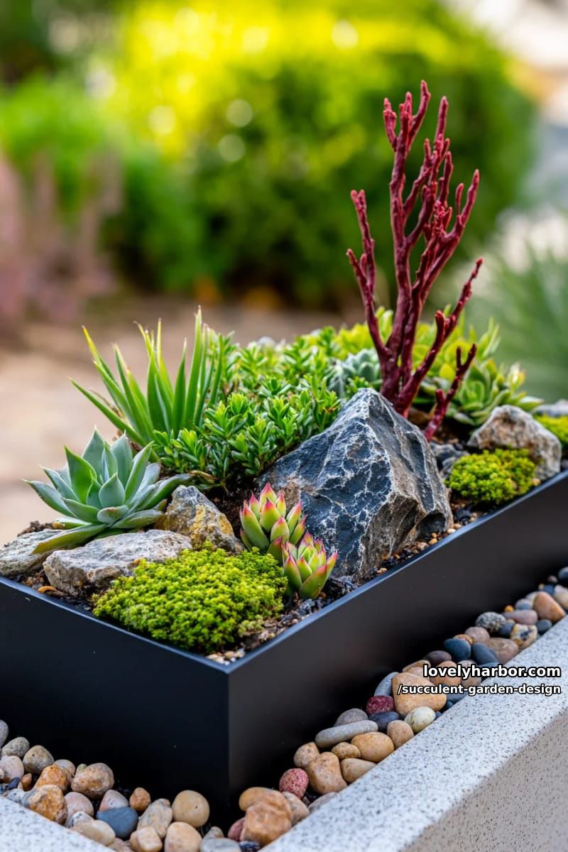 miniature rock garden in rectangular planter with moss and succulents. 1