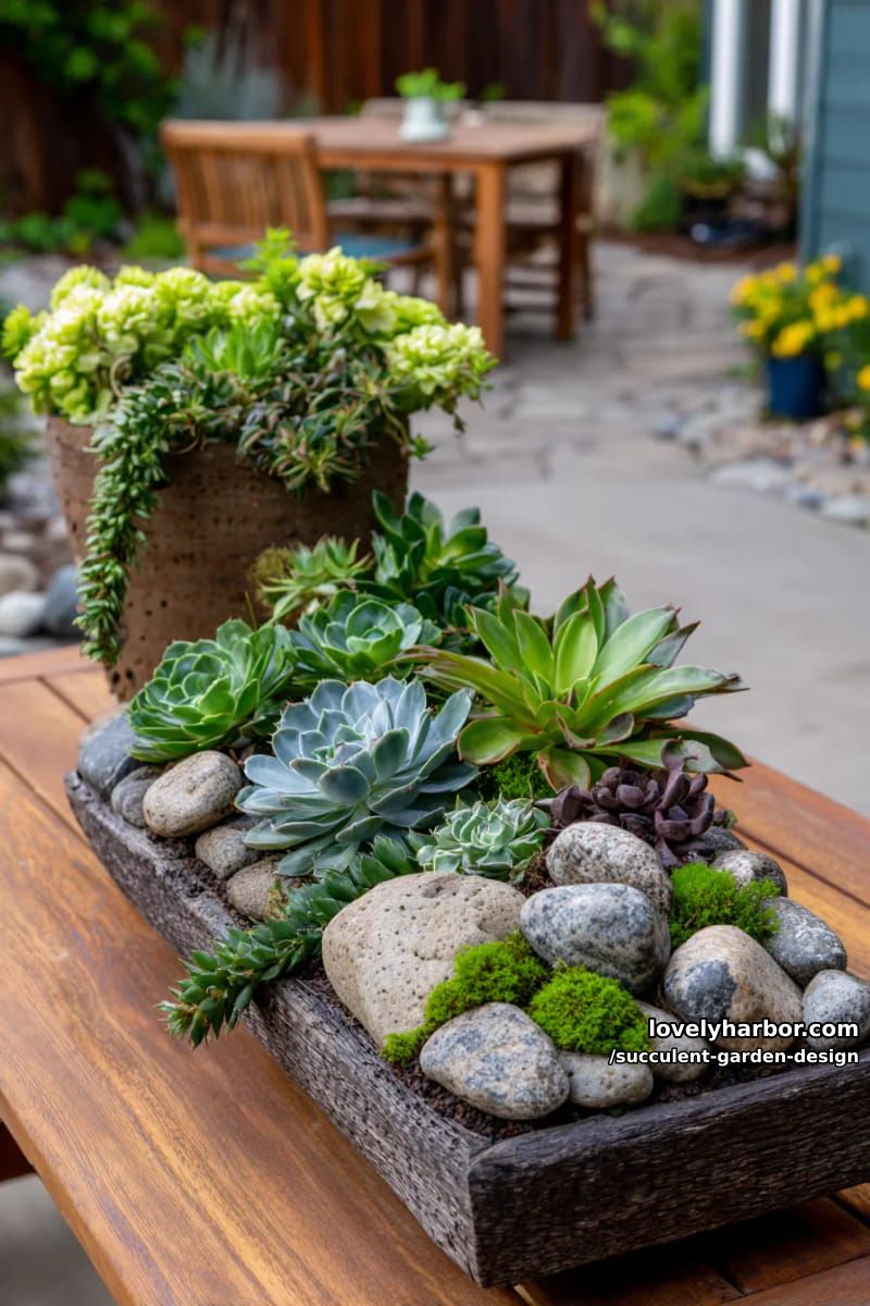 miniature rock garden in rectangular planter with moss and succulents. 1