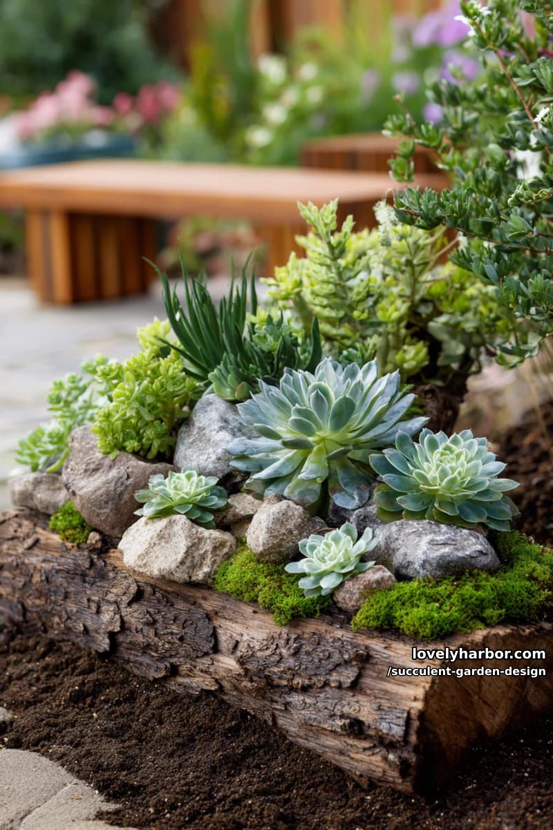 miniature rock garden in rectangular planter with moss and succulents. 1
