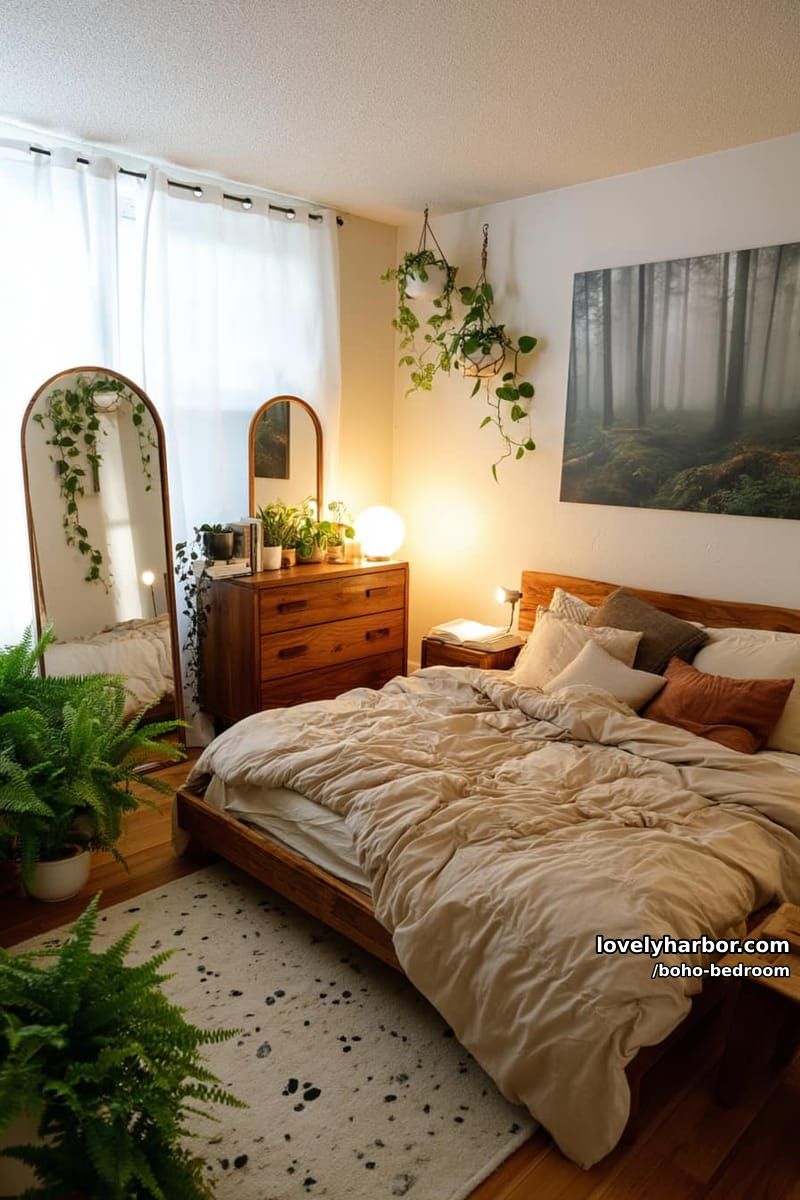 minimalist bedroom with neutral bedding, wood furniture, and arched mirrors. 1
