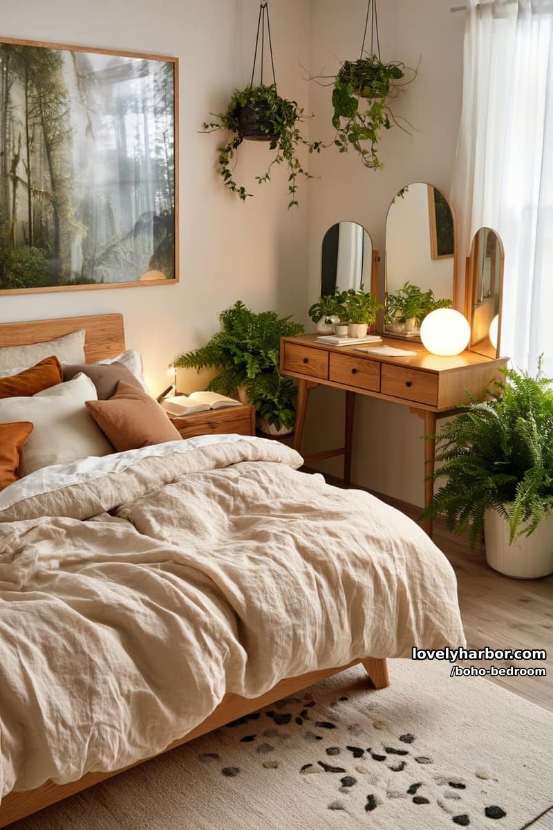 minimalist bedroom with neutral bedding, wood furniture, and arched mirrors. 1