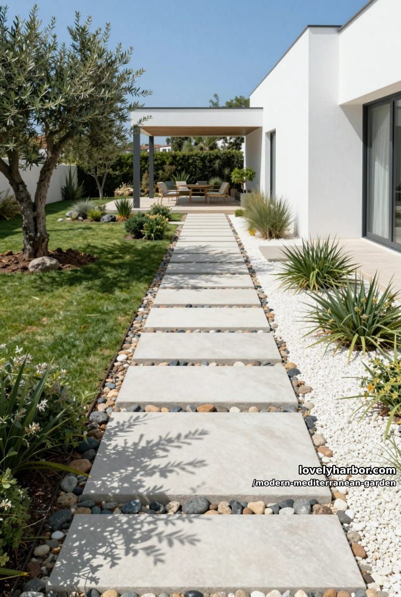 minimalist garden with staggered concrete pavers, white gravel, olive trees, and patio. 1