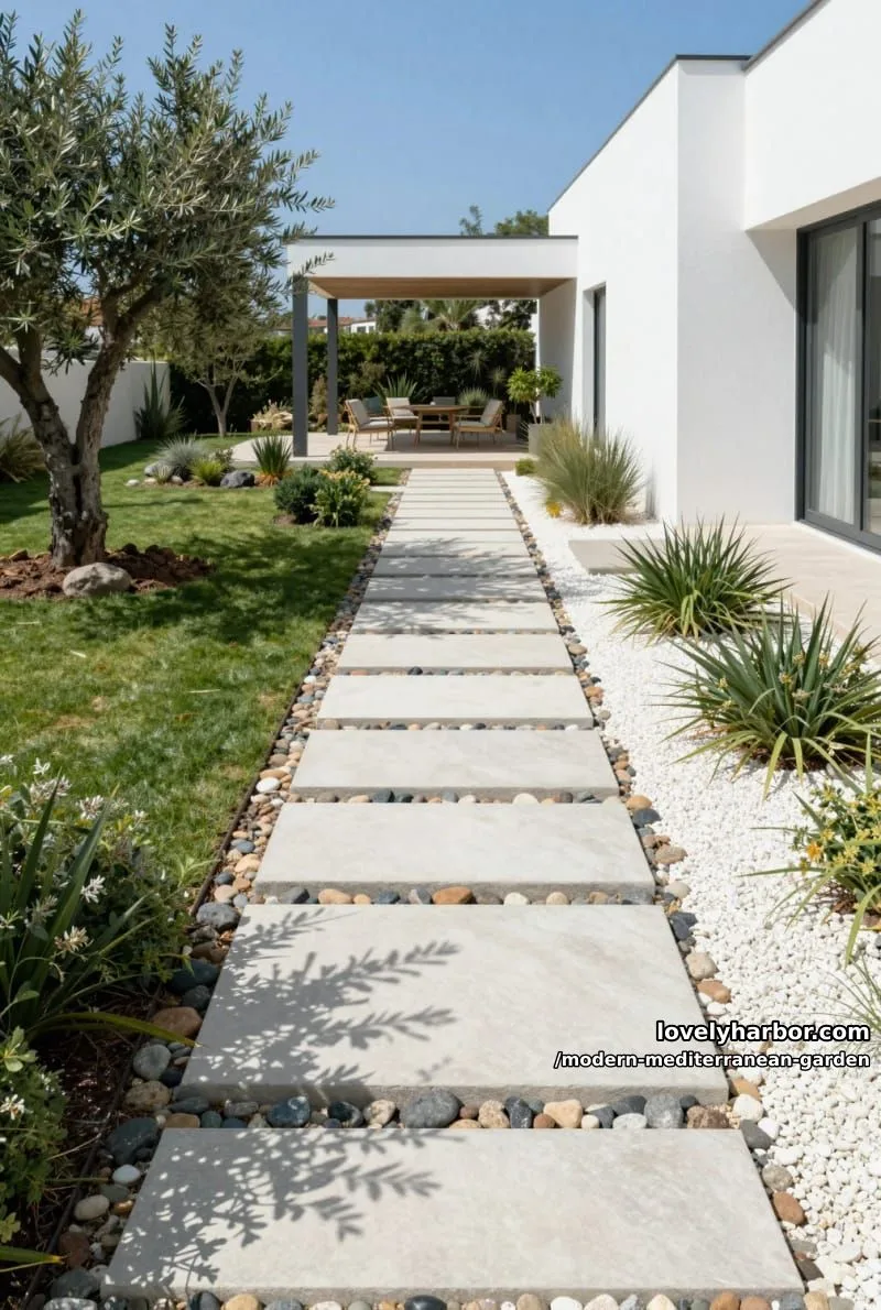 minimalist garden with staggered concrete pavers, white gravel, olive trees, and patio. 1