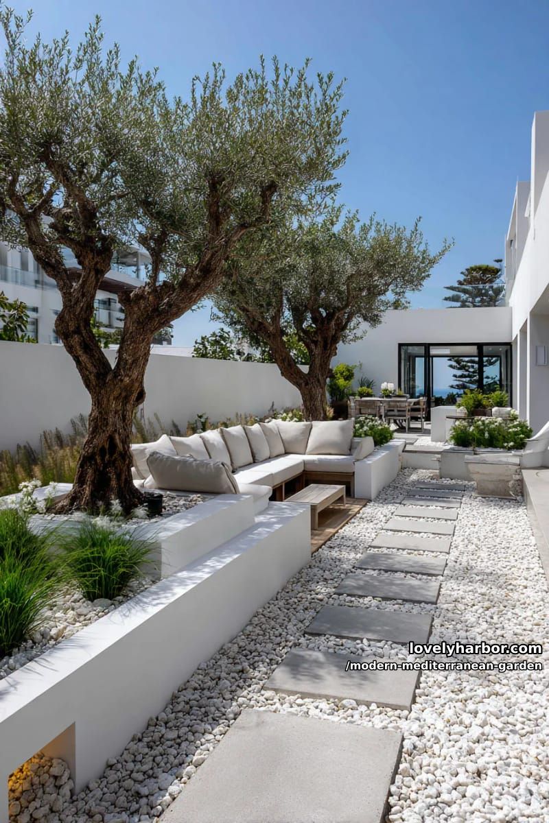 minimalist garden with staggered concrete pavers, white gravel, olive trees, and patio. 1