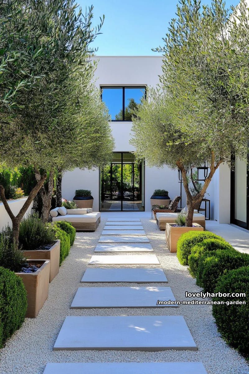 minimalist garden with staggered concrete pavers, white gravel, olive trees, and patio. 1