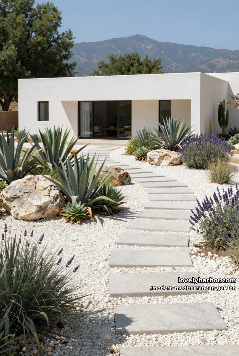 minimalist house with gravel yard, concrete steps, succulents, agave, lavender, and rocks. 1