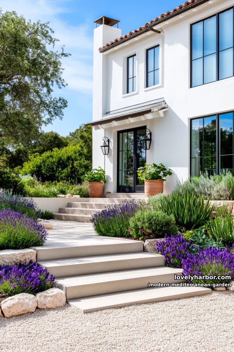 minimalist house with gravel yard, concrete steps, succulents, agave, lavender, and rocks. 1