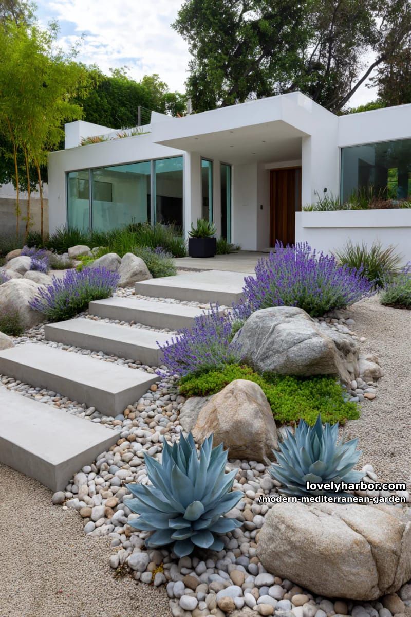 minimalist house with gravel yard, concrete steps, succulents, agave, lavender, and rocks. 1