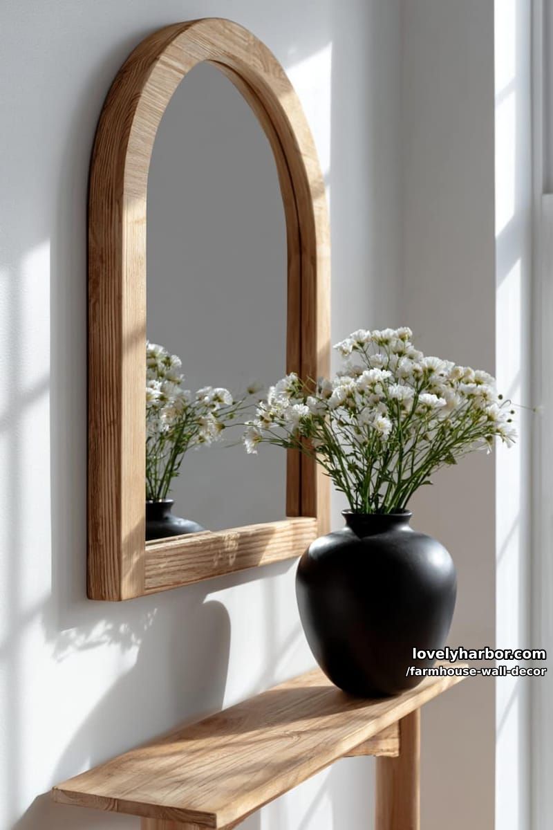 minimalist interior with arched wood-framed sign and black vase with flowers. 1