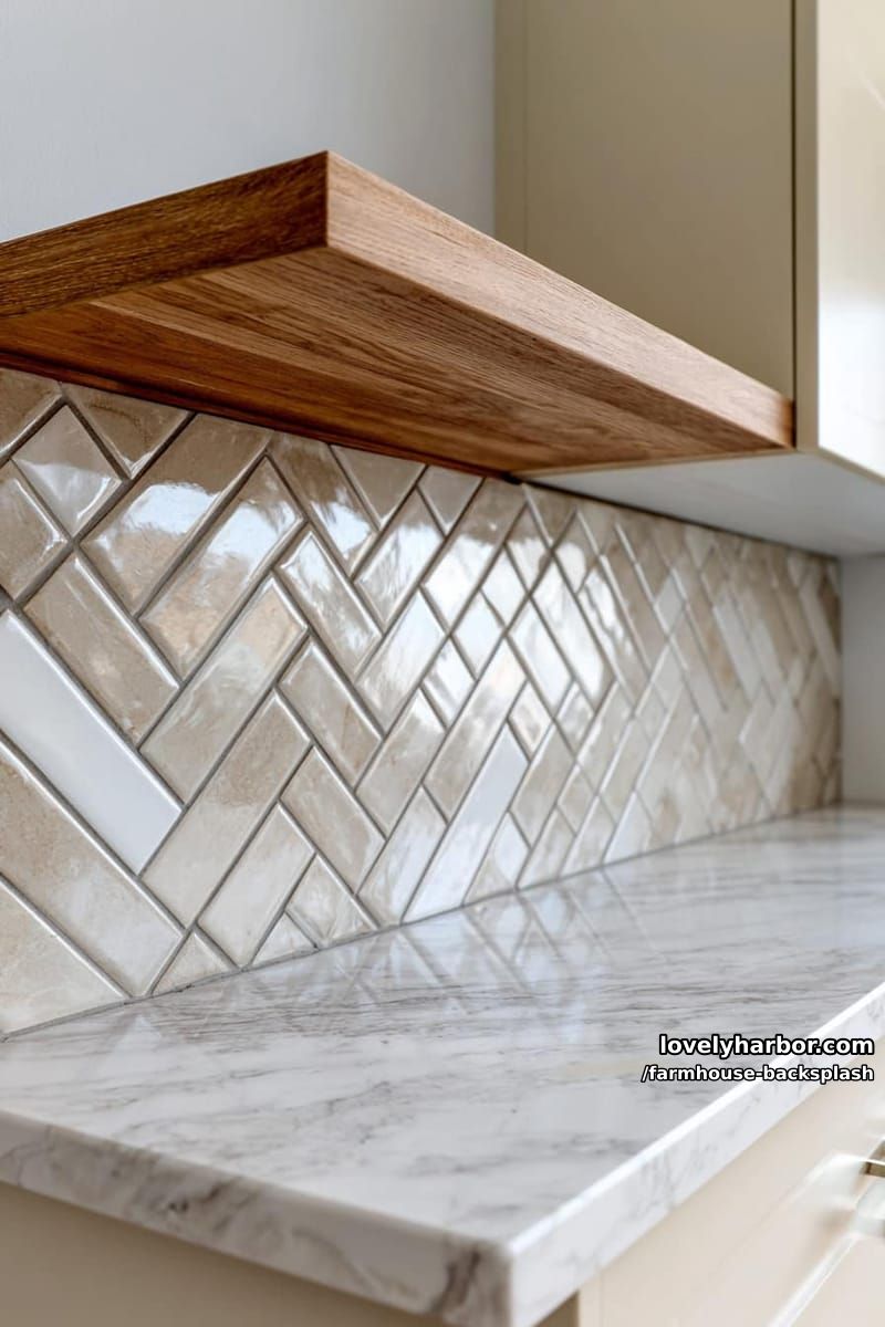 minimalist kitchen with beige herringbone tile backsplash and wood floating shelf. 1