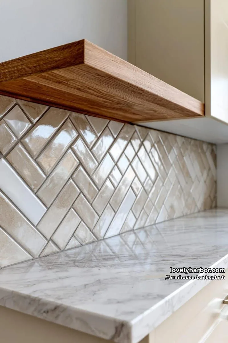 57 Stunning Farmhouse Backsplash Ideas You'll Love 6 minimalist kitchen with beige herringbone tile backsplash and wood floating shelf. 1