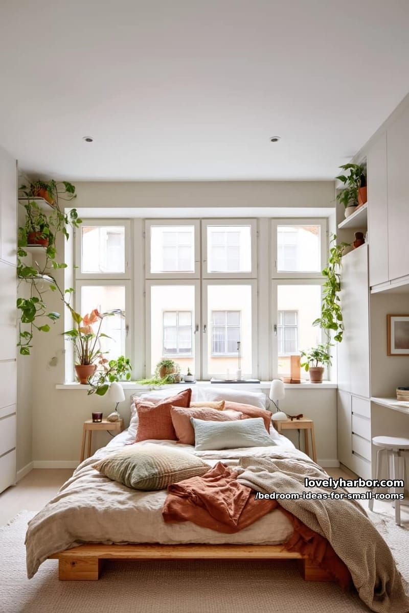 minimalist small bedroom with neutral bedding and abundant natural light. 1