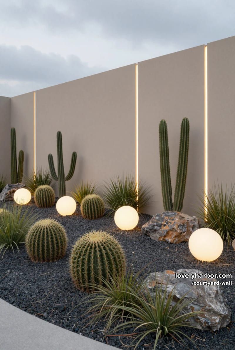 minimalist xeriscape garden with cacti, led privacy wall, and gravel ground 1