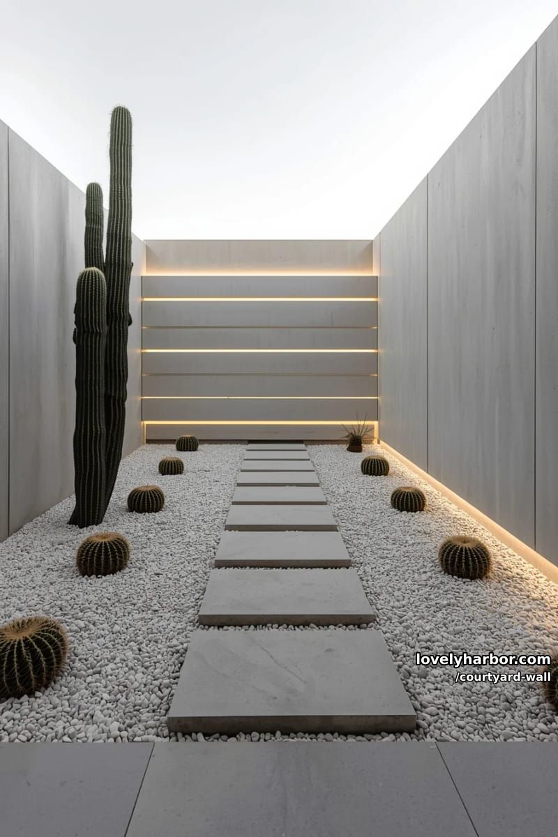 minimalist xeriscape garden with cacti, led privacy wall, and gravel ground 1