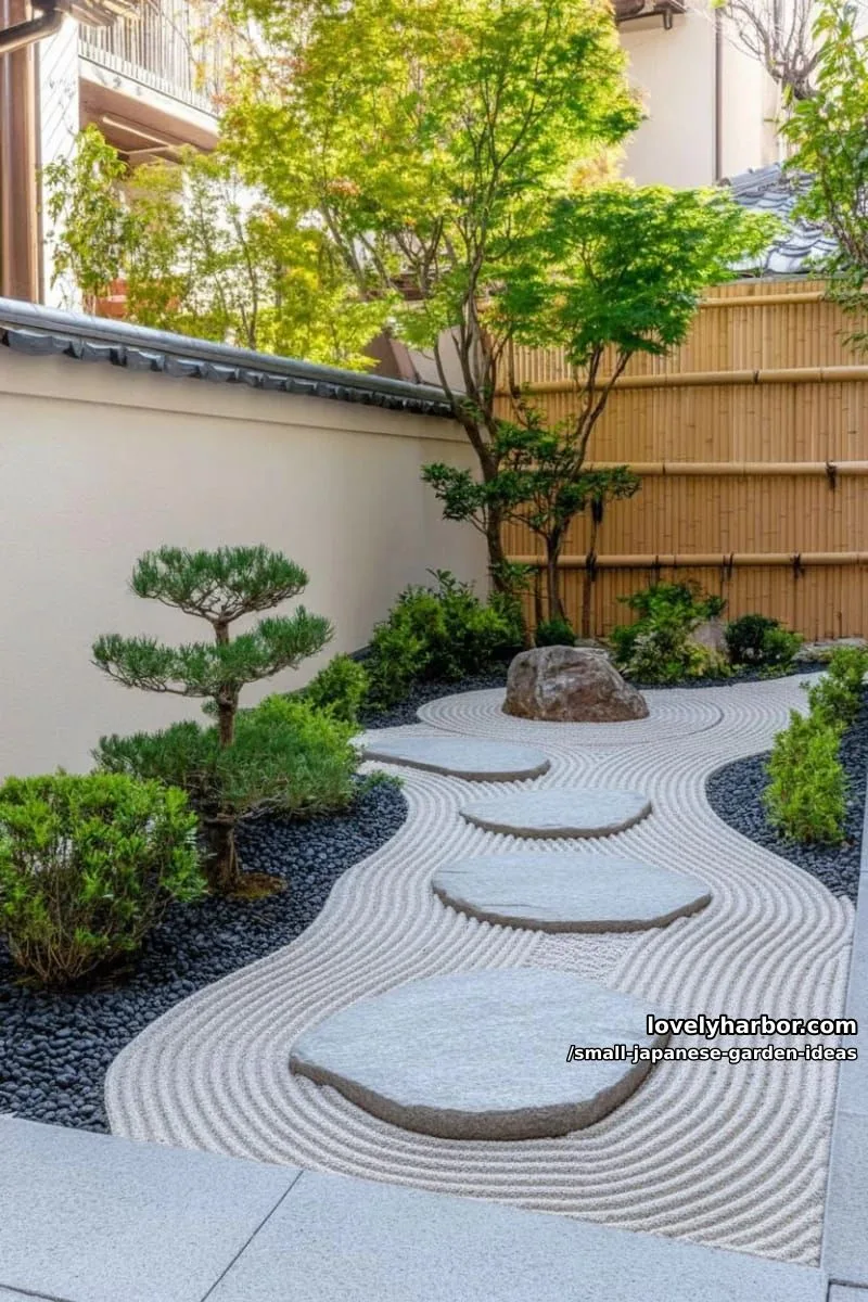 20 Small Japanese Garden Ideas for a Zen Atmosphere 28 minimalist zen garden with winding stone path, raked gravel, bushes, and wooden fence. 1