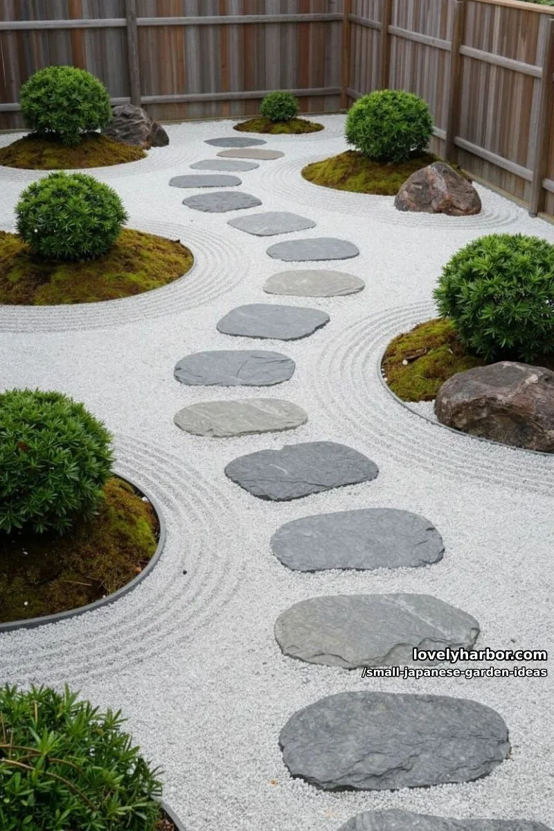 20 Small Japanese Garden Ideas for a Zen Atmosphere 29 minimalist zen garden with winding stone path, raked gravel, bushes, and wooden fence. 1