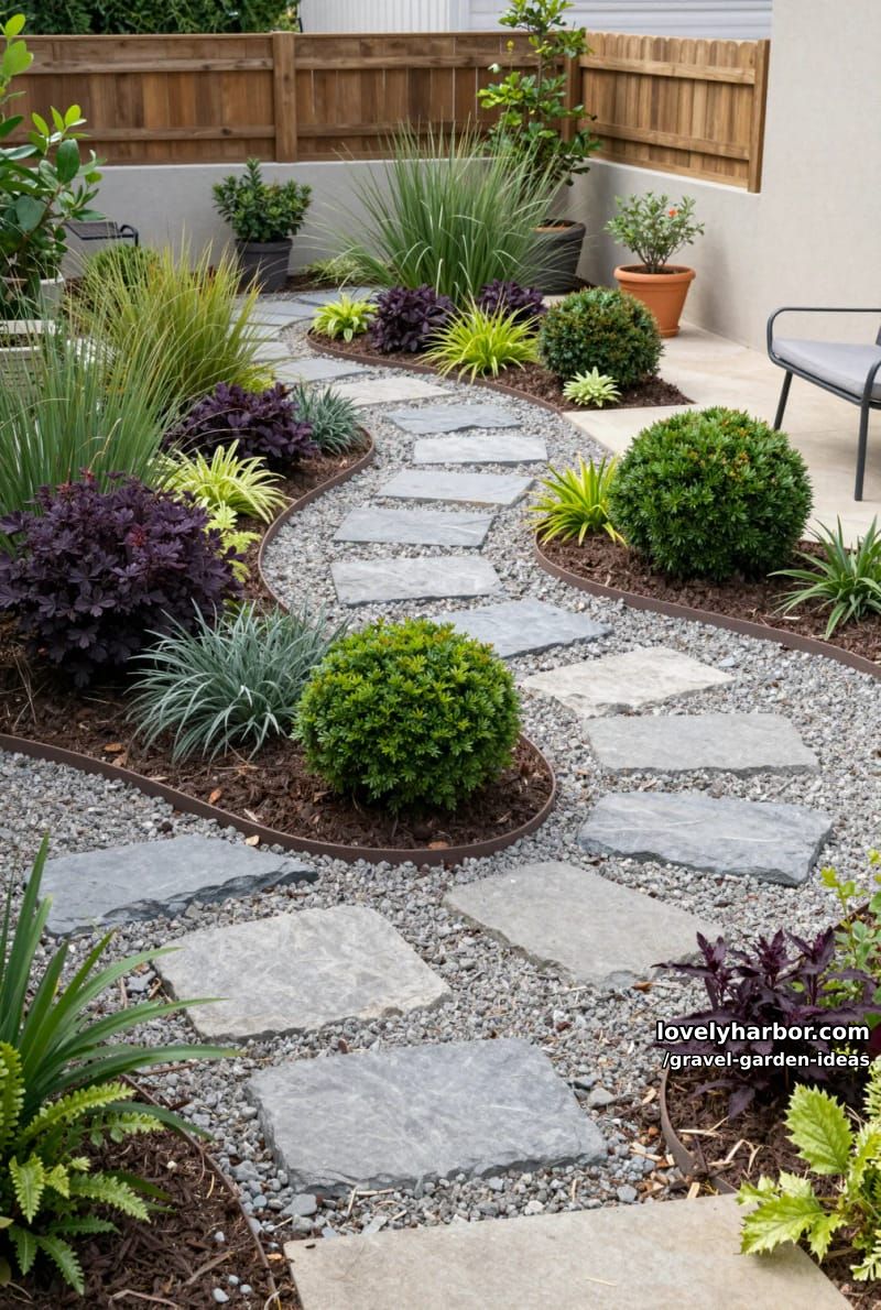 modern backyard with curved gravel beds, stepping stones, and minimalist furniture. 1