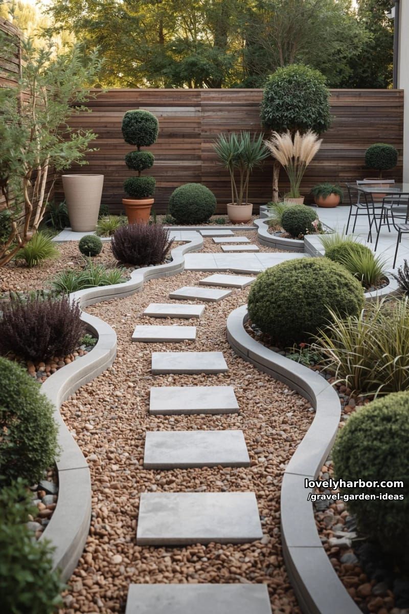 modern backyard with curved gravel beds, stepping stones, and minimalist furniture. 1