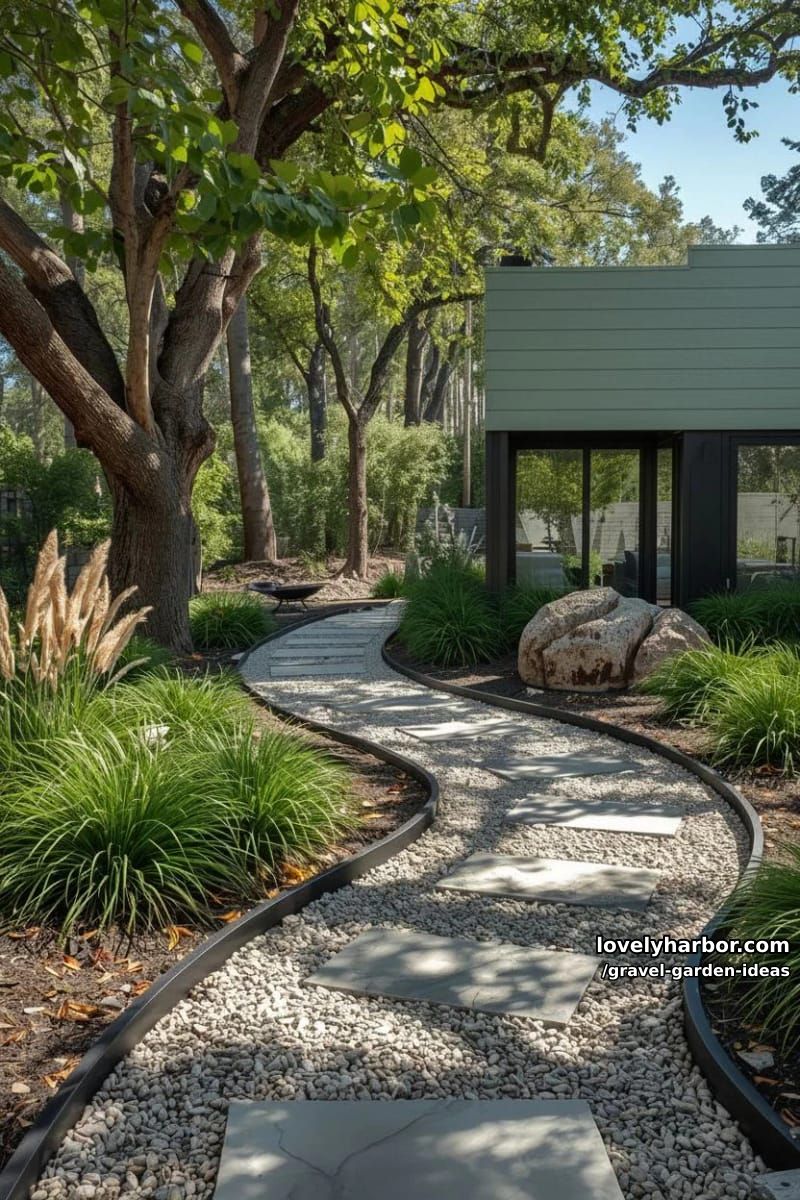 modern backyard with curved gravel path, metal edging, and ornamental grasses. 1
