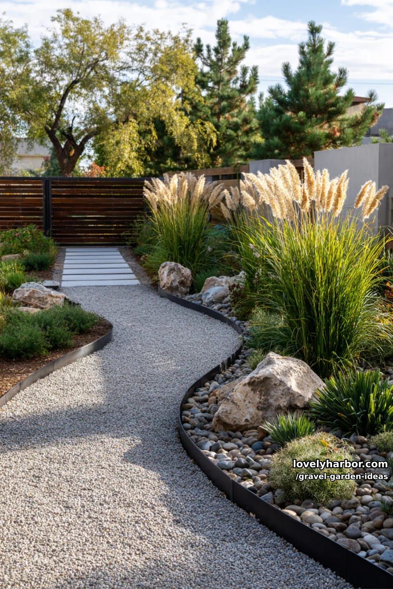 modern backyard with curved gravel path, metal edging, and ornamental grasses. 1