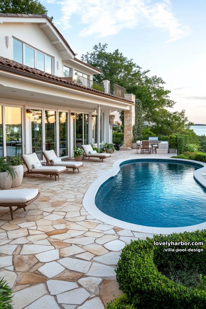 modern backyard with oval pool, hot tub, minimalist lounge chairs, and geometric patio. 1