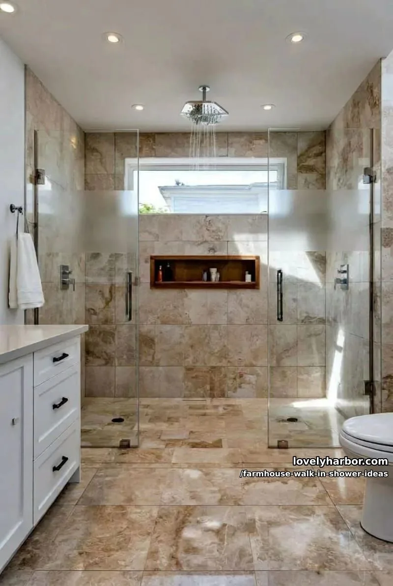 modern bathroom with central walk-in shower, frosted glass, and wood accents. 1