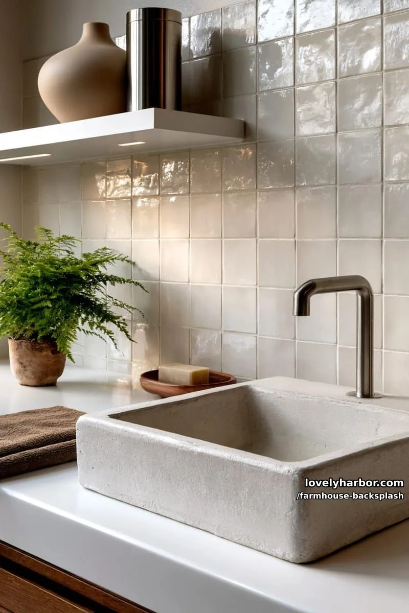 57 Stunning Farmhouse Backsplash Ideas You'll Love 9 modern bathroom with concrete sink, white countertop, and minimalist decor. 1