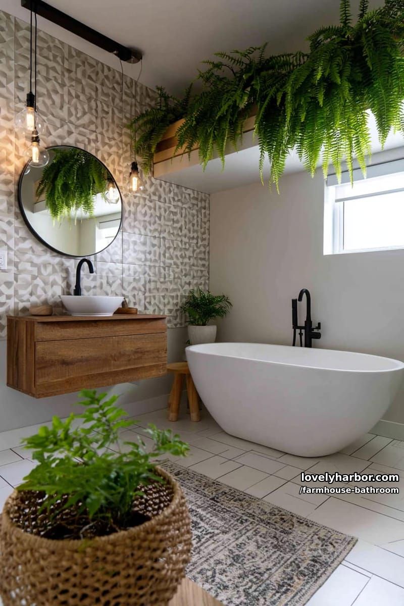 modern bathroom with freestanding tub, floating wood vanity, geometric tiles, and plants. 1
