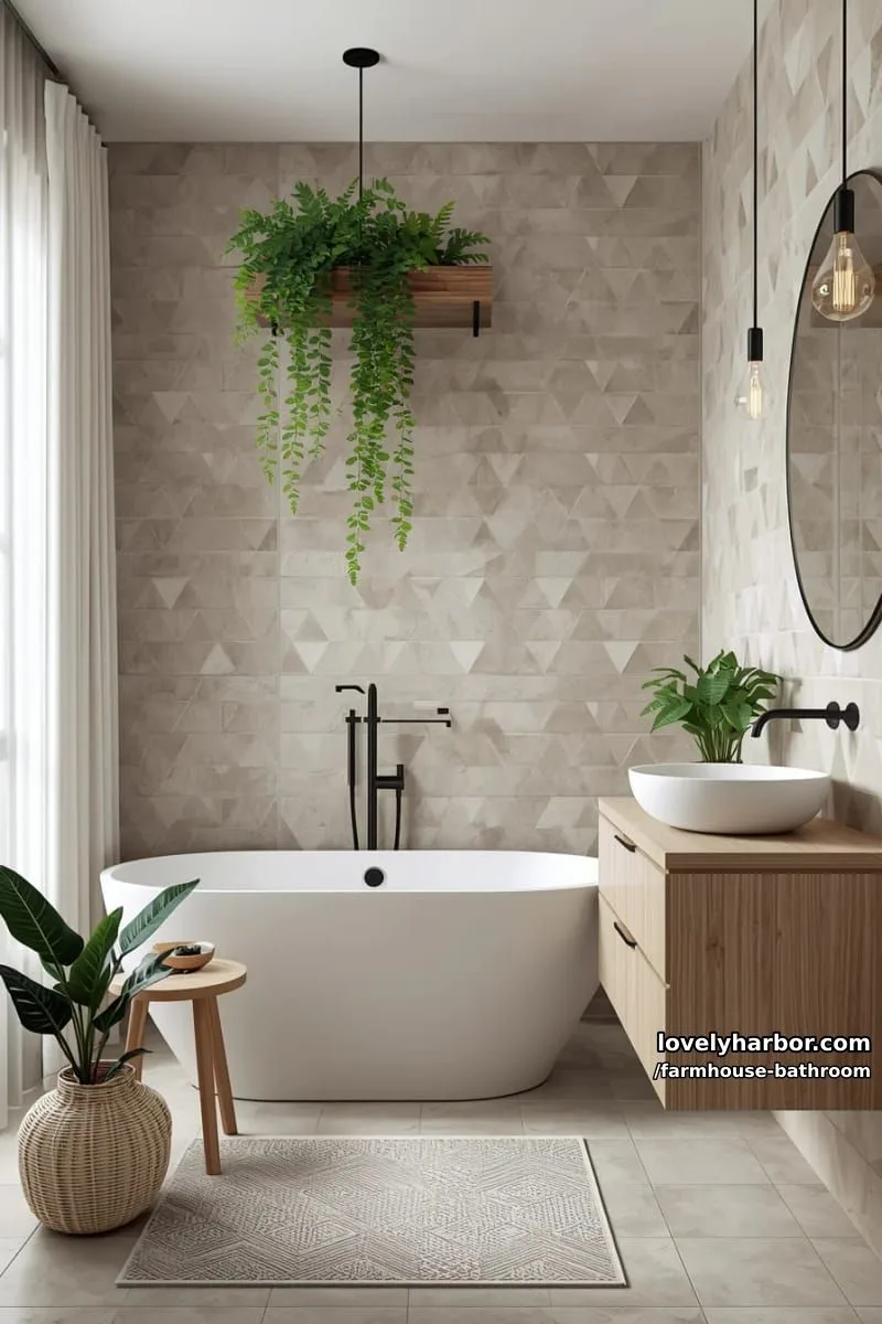 modern bathroom with freestanding tub, floating wood vanity, geometric tiles, and plants. 1